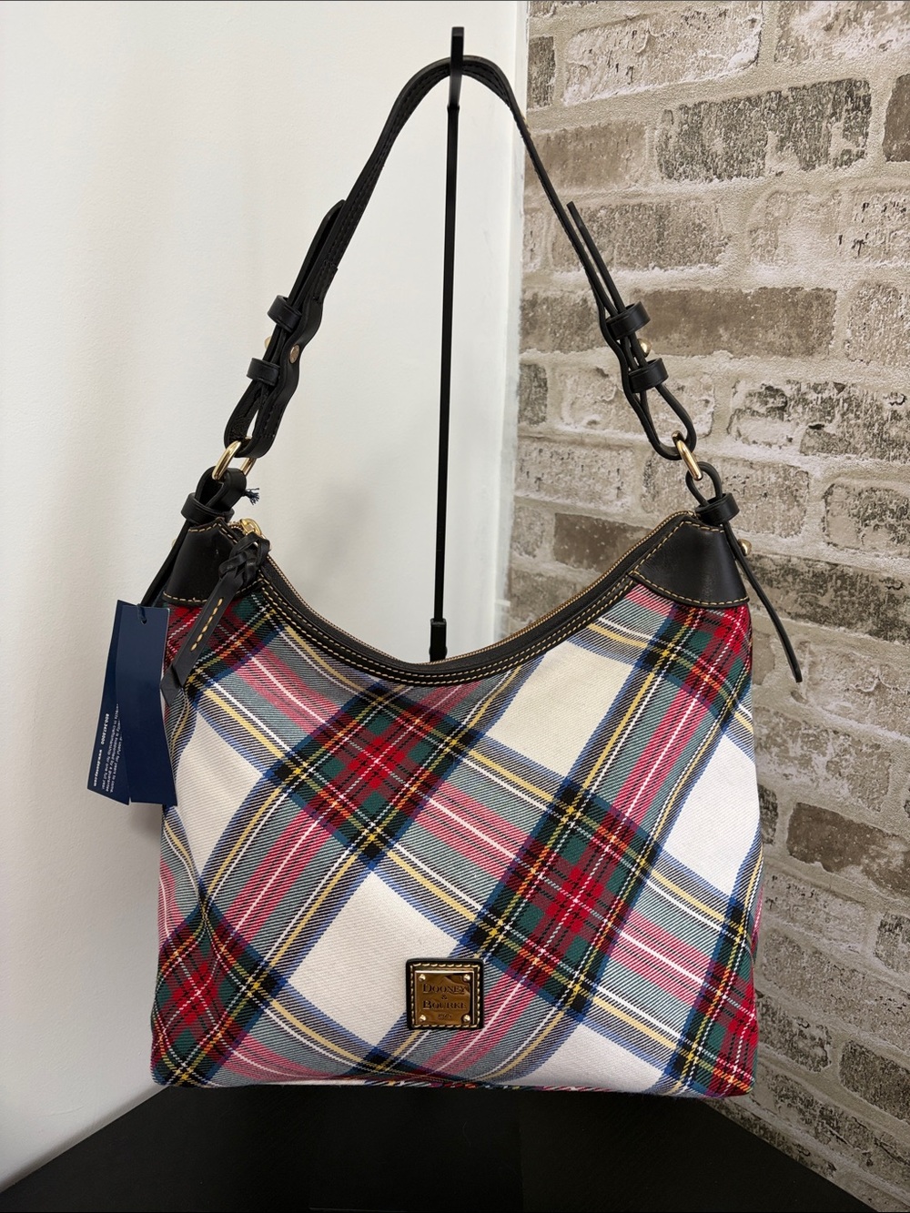 NWT Dooney & Bourke White Multi Plaid Shoulder Bag with Black Trim